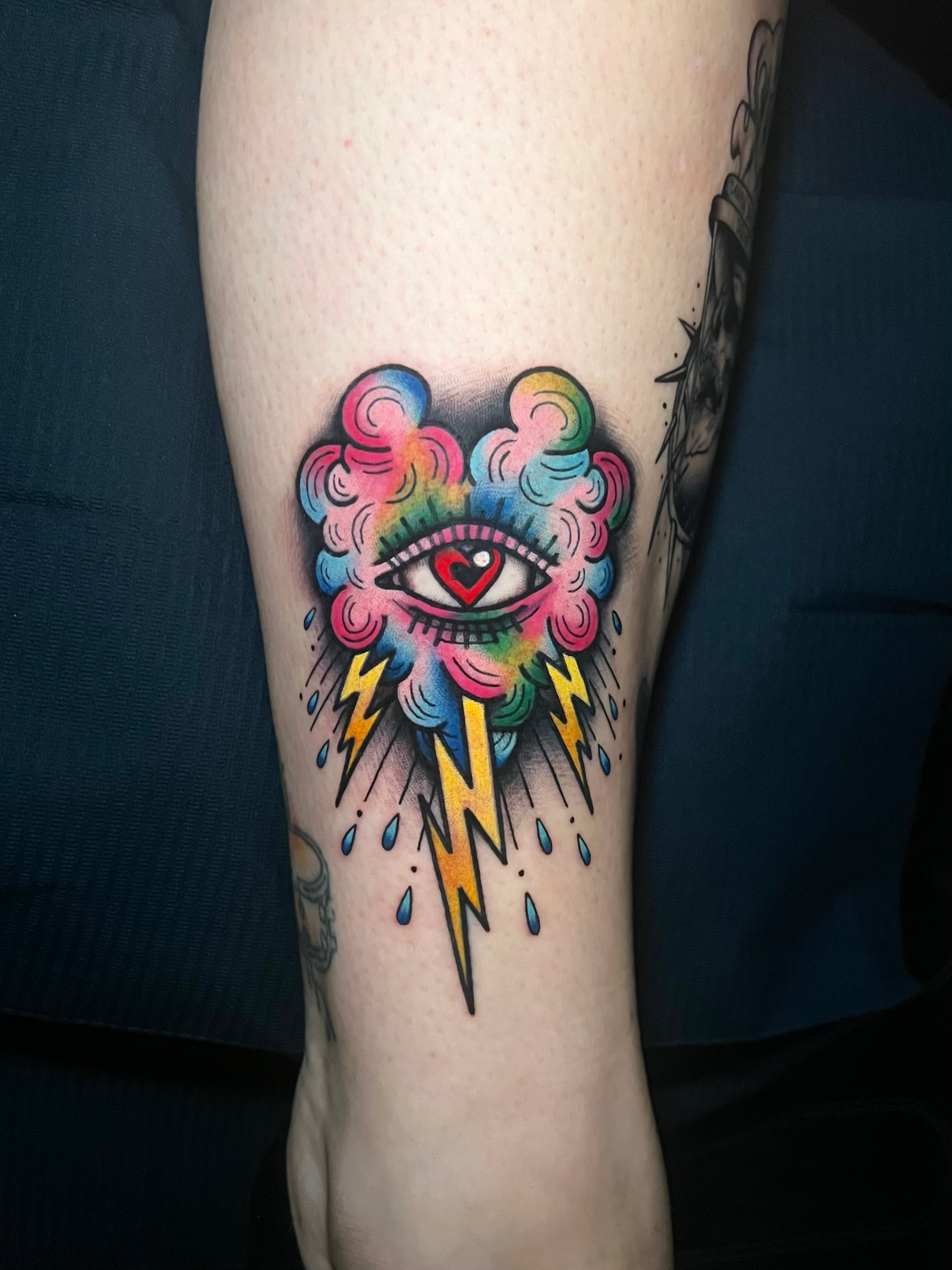 Rainbow cloud with lightening tattoo